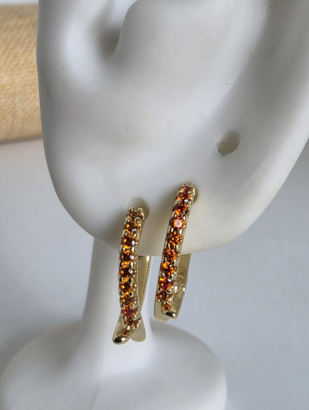 Gold Plated Hoop Earrings Orange Red Stone Accents Hinged Fashion Jewelry